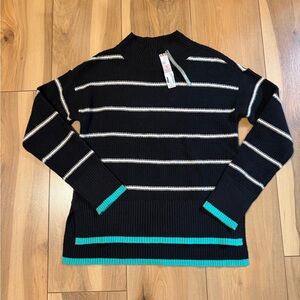NIC+ZOE Black and White Striped Sweater with Teal Trim/NWT